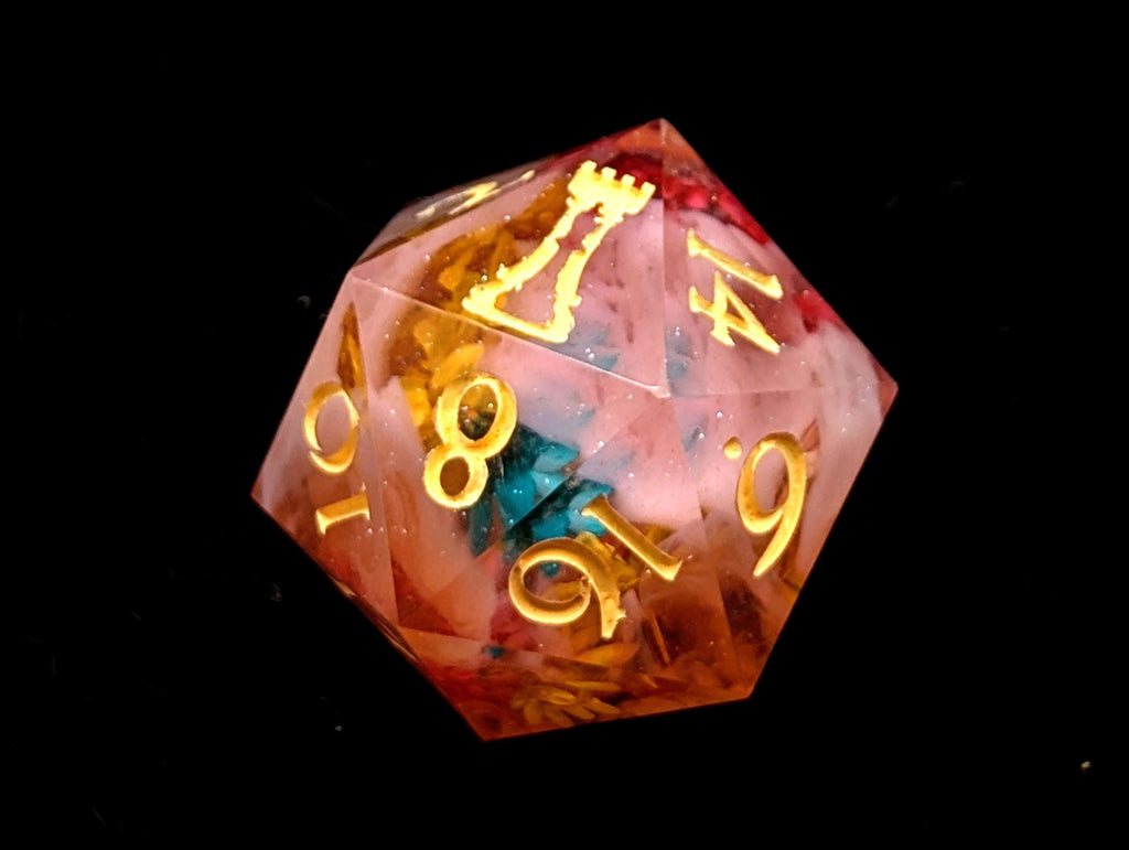 Flower Fields at Sunrise - Handmade Sharp Edge Resin D&D Dice Set