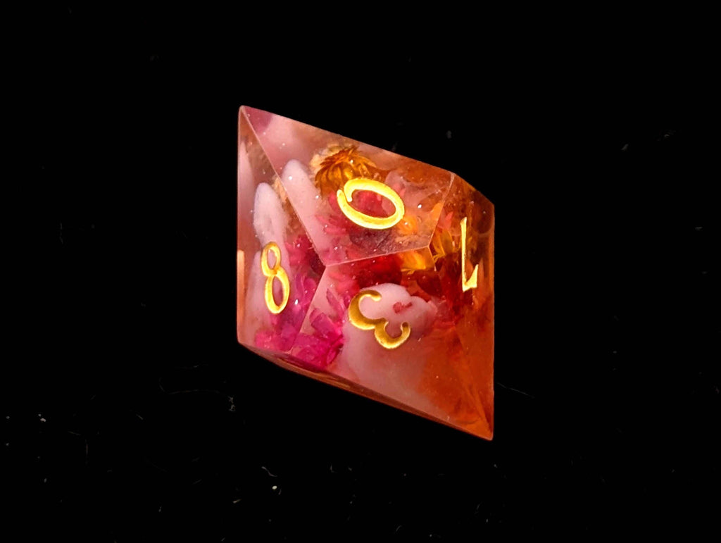 Flower Fields at Sunrise - Handmade Sharp Edge Resin D&D Dice Set
