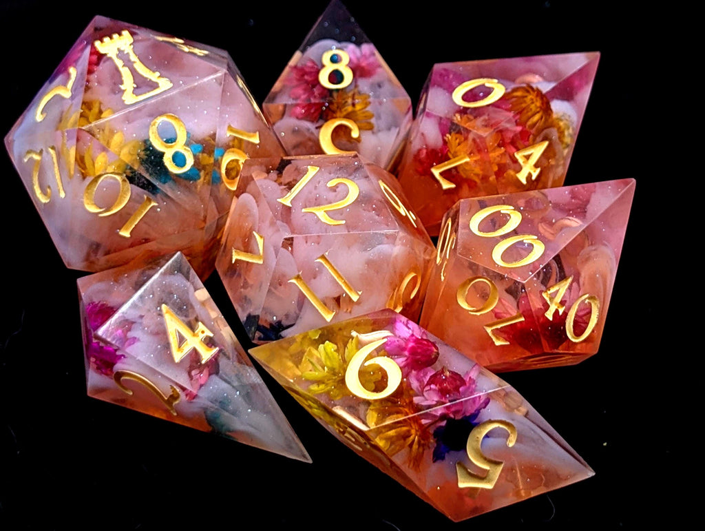 Flower Fields at Sunrise - Handmade Sharp Edge Resin D&D Dice Set