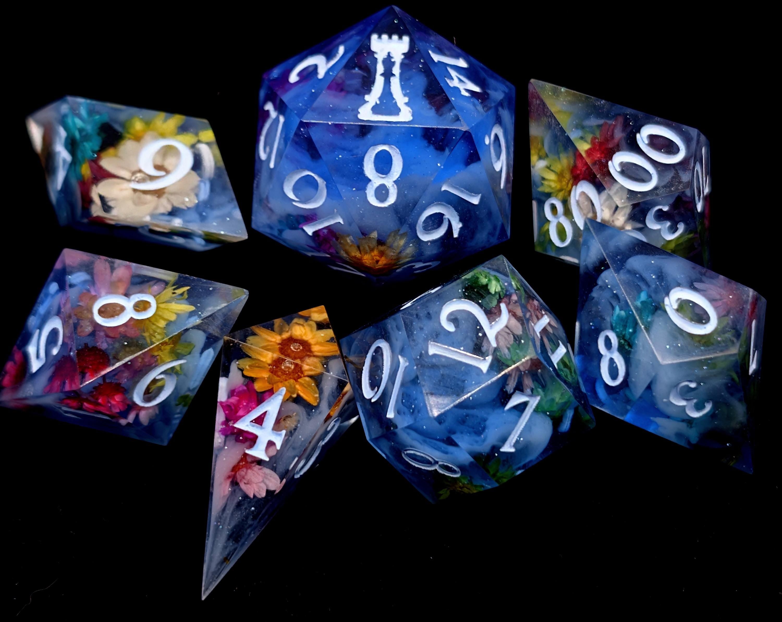 Flower Fields at Midnight - Handmade Sharp Edge Resin D&D Dice Set